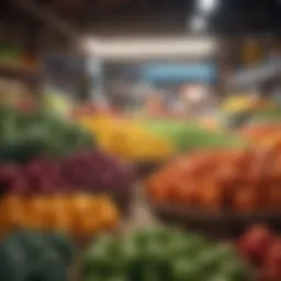 Fresh fruits and vegetables displayed in a vibrant market