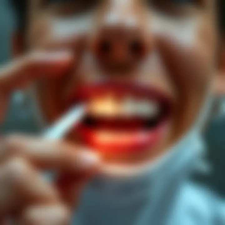 User applying whitening strips for teeth