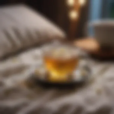 A soothing cup of chamomile tea next to a cozy pillow