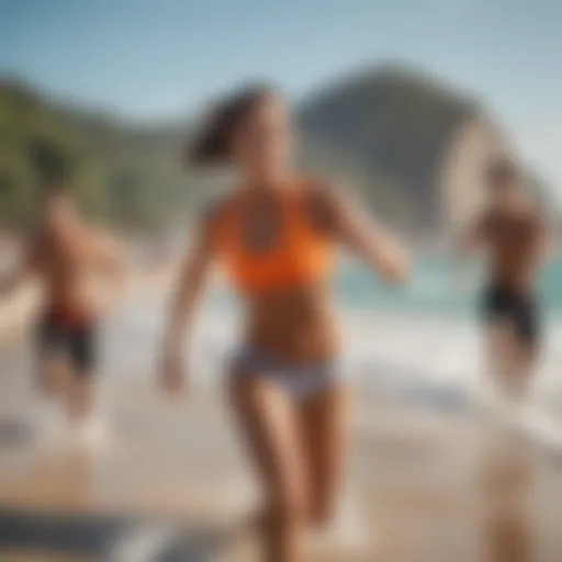 Vibrant beach scene showcasing a diverse group engaging in various outdoor workouts