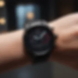 A fitness watch displaying music controls during a workout