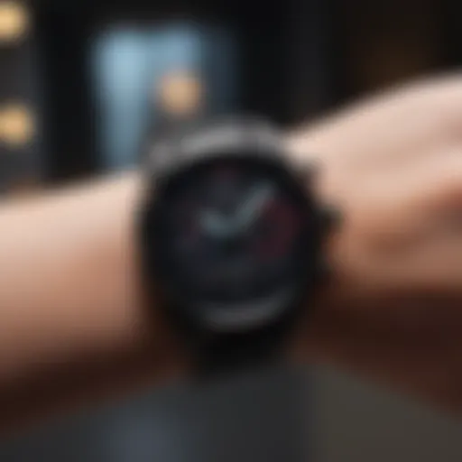 A fitness watch displaying music controls during a workout