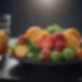 Fresh fruits and vegetables arranged on a plate for a balanced diet