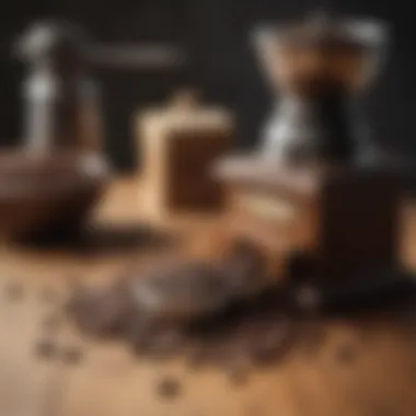 Coffee beans and a grinder on a wooden surface