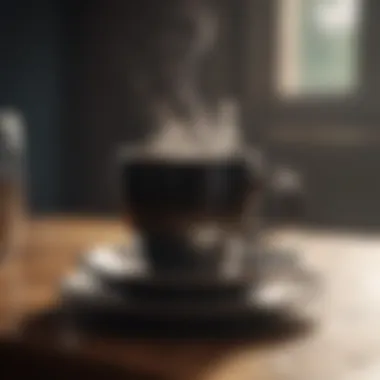 A steaming cup of black coffee on a table