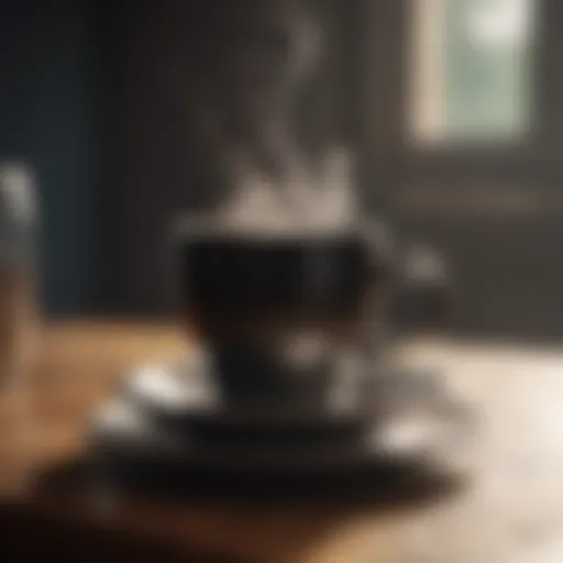 A steaming cup of black coffee on a table