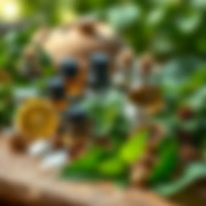 Natural Remedies for Poison Ivy Rash Relief Natural remedies arranged on a wooden table, showcasing various plants and oils