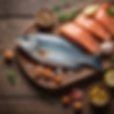Fatty Fish and Omega-3 for Cardiovascular Support An assortment of fatty fish rich in Omega-3 fatty acids on a rustic wooden table