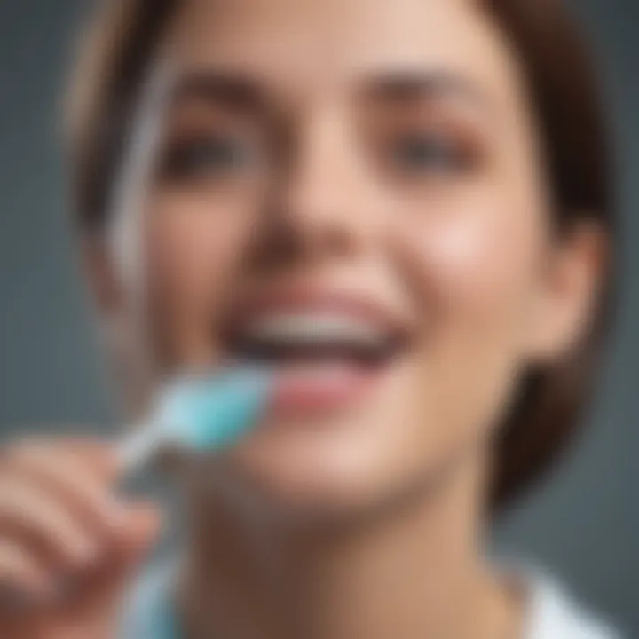 A dental professional examining a patient's teeth with a whitening mouthwash in view