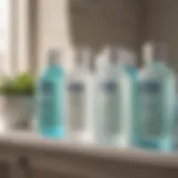 A close-up view of various whitening mouthwash bottles lined up on a bathroom shelf