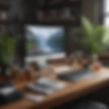 A desk organized with migraine relief essentials like water and herbal teas