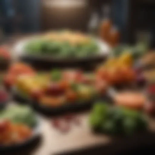 Fresh vegetables and fruits arranged beautifully on a table