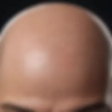 A close-up view of a scalp showing bald patches