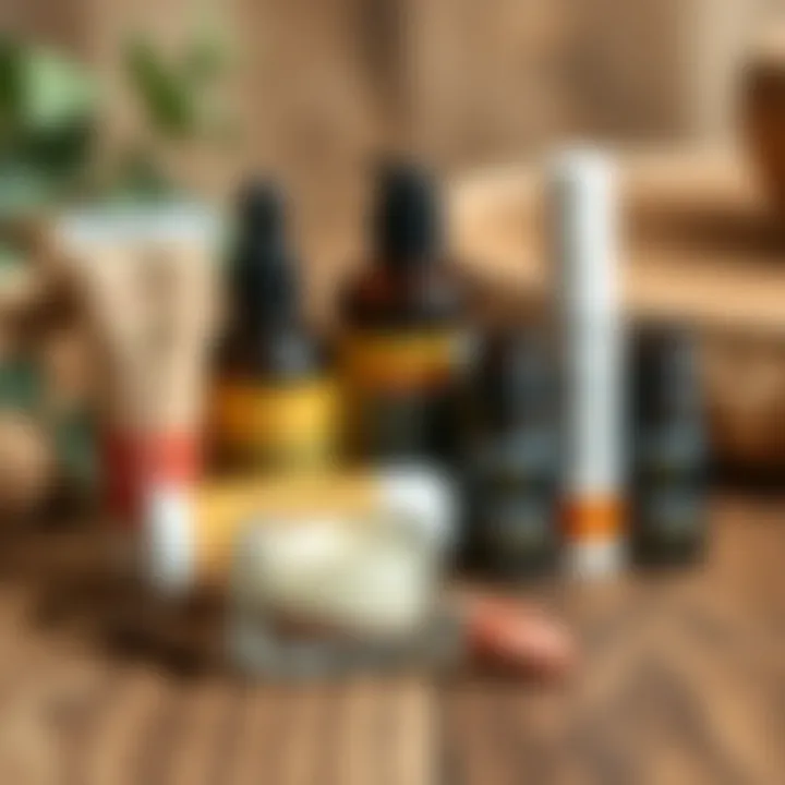 Natural balms and oils arranged on a wooden surface