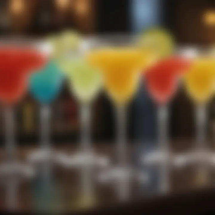 A variety of margarita flavors displayed in colorful glasses