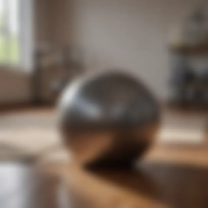 A stability ball positioned in a bright home gym