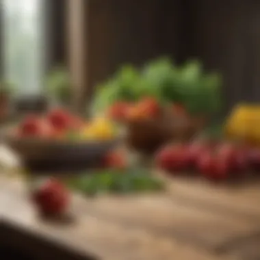 Fresh vegetables and fruits on a wooden table