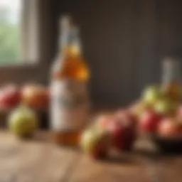 A bottle of apple cider vinegar on a wooden table surrounded by fresh apples.