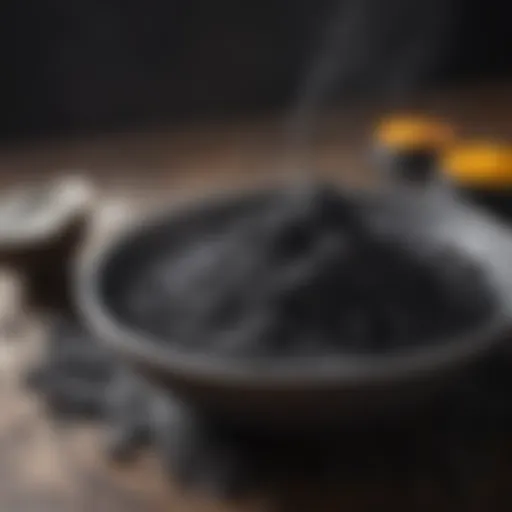 A close-up of activated charcoal powder in a bowl, showcasing its fine texture and rich black color.