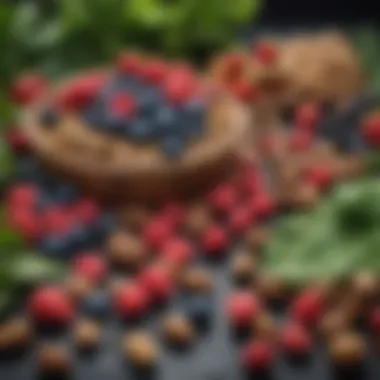 Vibrant Anti-Inflammatory Foods A vibrant display of anti-inflammatory foods including berries, leafy greens, and nuts.