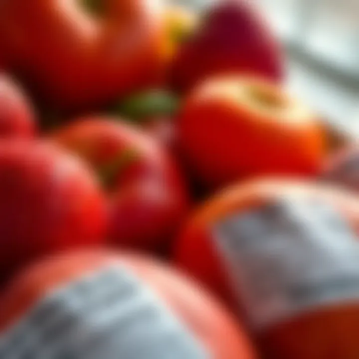 Close-up of fruits with a focus on their nutritional labels