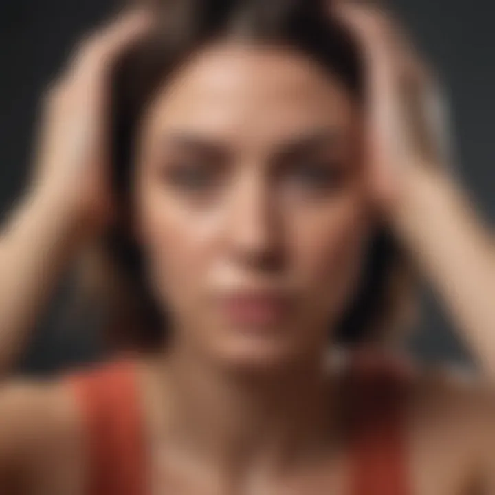 Close-up of a person holding their head in discomfort in a dimly lit room
