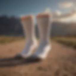 A pair of soft, cushiony cloud socks displayed against a serene backdrop