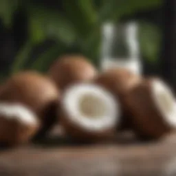 Coconut oil in a glass jar with fresh coconuts
