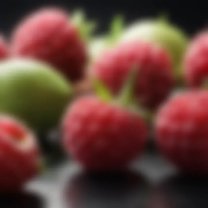 A close-up of fiber-rich fruits such as raspberries and pears