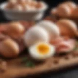 An assortment of high-protein foods including eggs, chicken, and legumes.