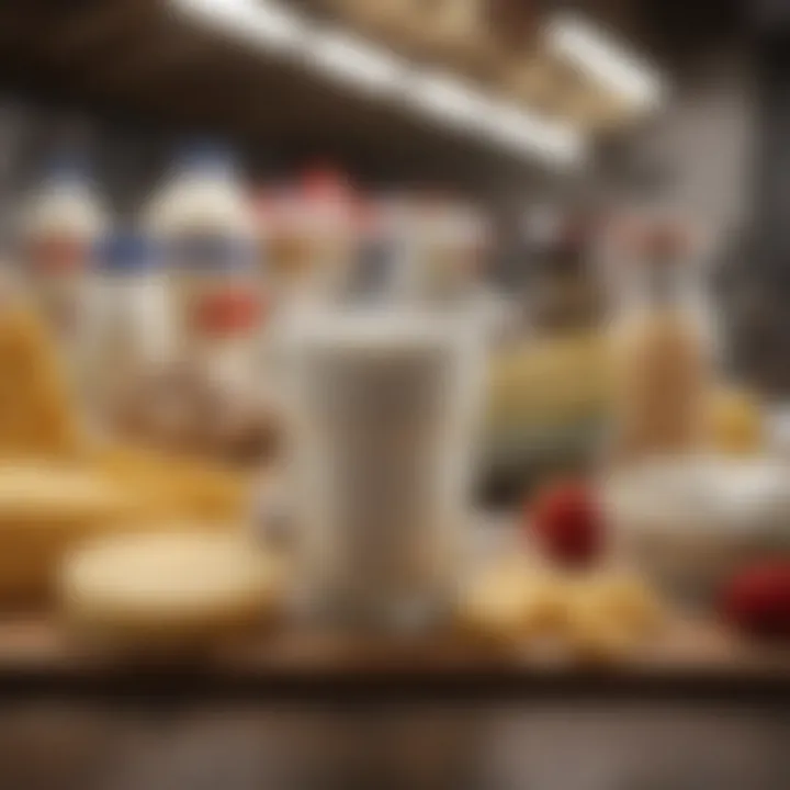 A vibrant display of dairy products such as yogurt and cheese.