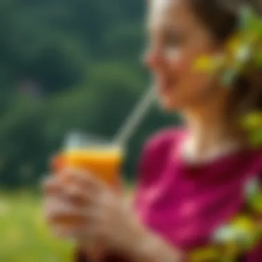 A person enjoying a smoothie in a scenic outdoor setting
