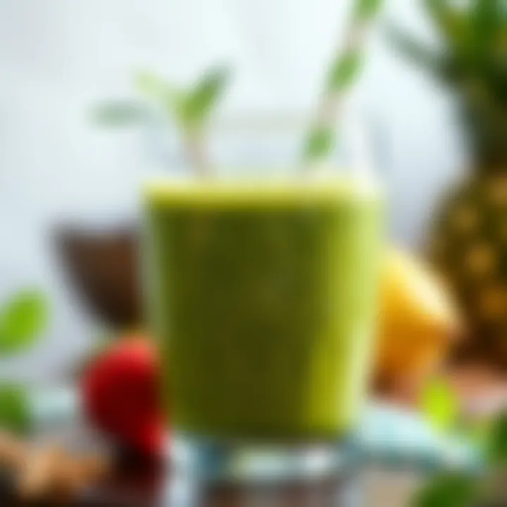 A close-up of a glass filled with a green energy smoothie