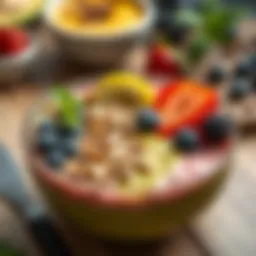 A vibrant smoothie bowl topped with fresh fruits and seeds