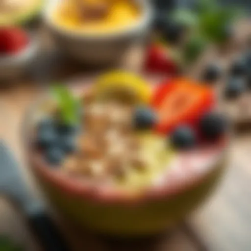A vibrant smoothie bowl topped with fresh fruits and seeds