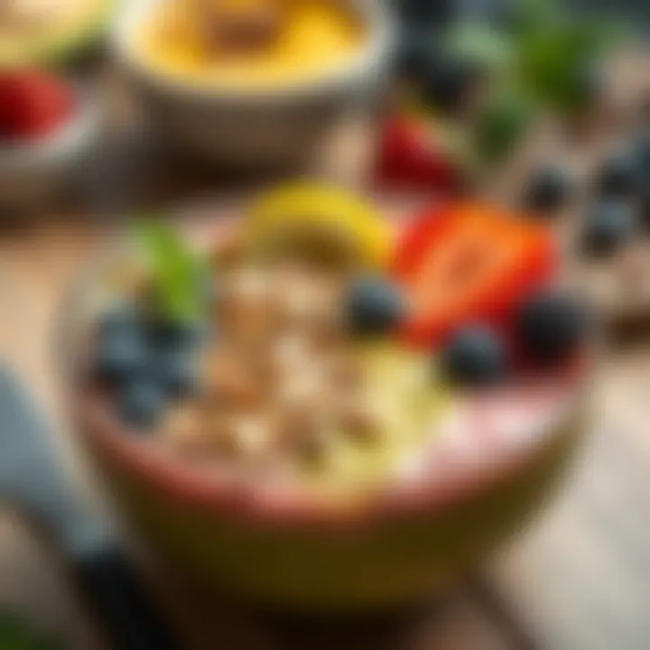 A vibrant smoothie bowl topped with fresh fruits and seeds