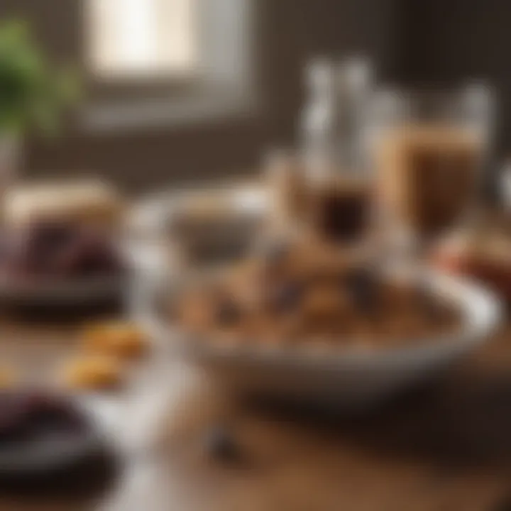 A breakfast table setting featuring low carb raisin bran