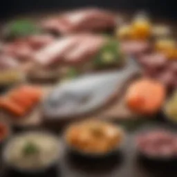 An assortment of high-protein foods including fish, meat, and dairy
