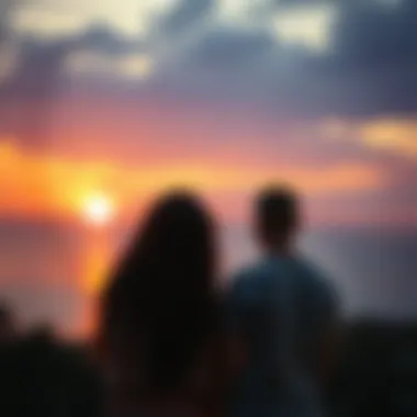 A serene setting depicting a couple contemplatively gazing at a sunset, symbolizing hope