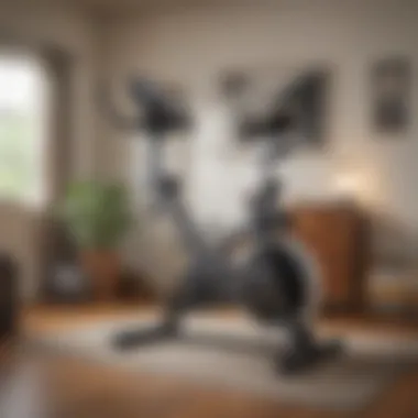 A well-equipped home gym with a stationary bike as the centerpiece