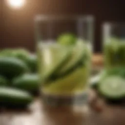 A refreshing glass of pickle juice surrounded by fresh cucumbers and spices