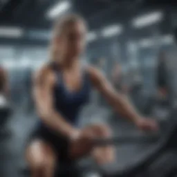 A person using a rowing machine in a gym setting