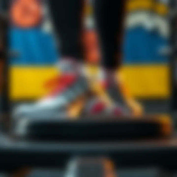 Tennis shoes positioned on a weightlifting platform