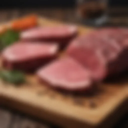 A selection of lean beef cuts displayed on a wooden board