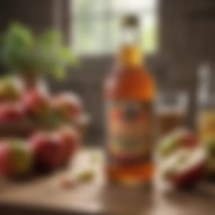 A bottle of apple cider vinegar with fresh apples in the background