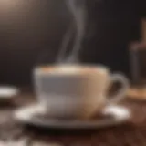 A steaming cup of coffee with vibrant coffee beans