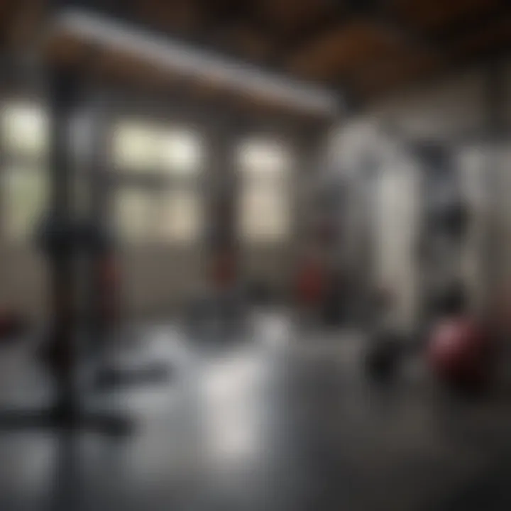 An organized garage gym featuring a power rack and workout area