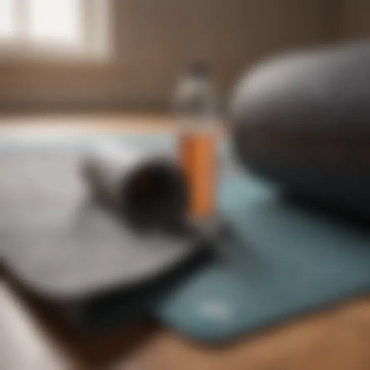 Close-up of a yoga mat and water bottle ready for a flex class