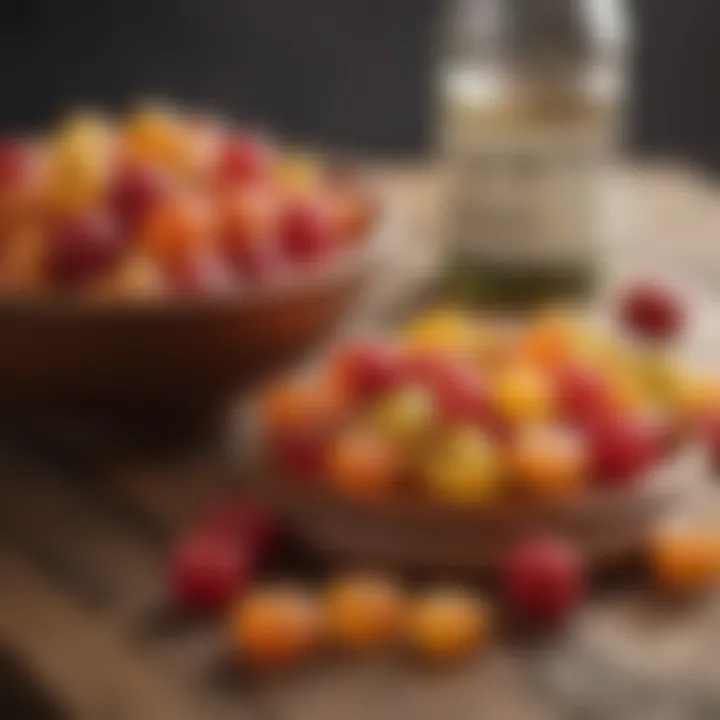 A vibrant display of fruit and apple cider vinegar gummies on a wooden table