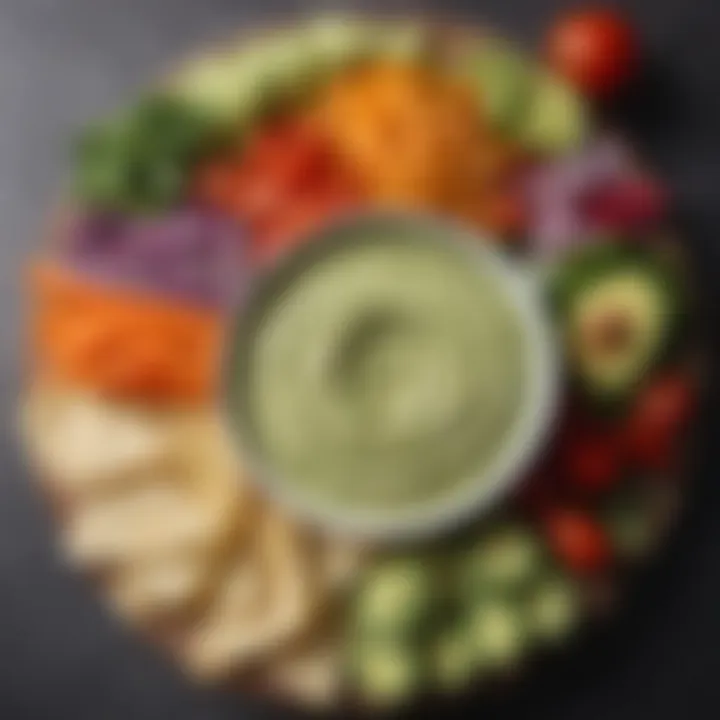 Creamy avocado dip served with crispy tortilla chips and fresh vegetables.